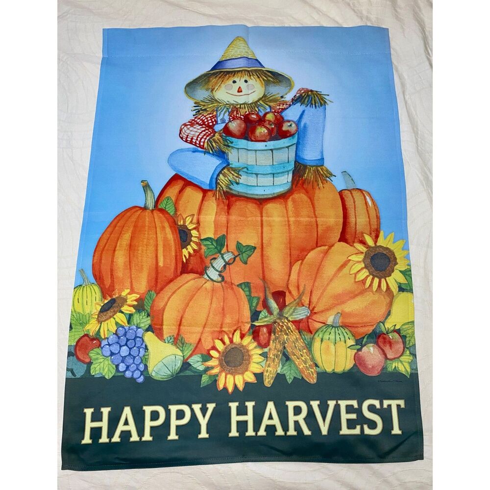 Garden Welcome Flag Decor Happy Harvest Fall Scarecrow Pumpkins Thanksgiving